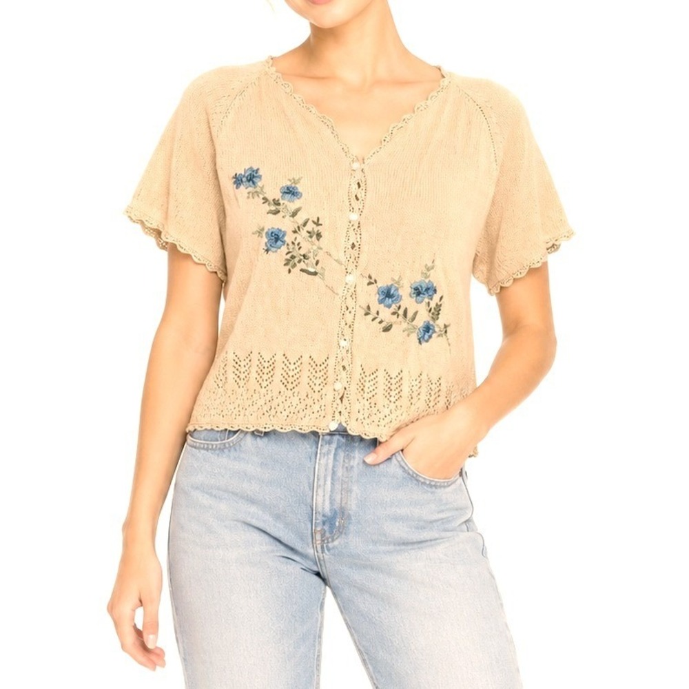 R&K Cardigan Women 18W Peach Embroidered Floral Pointelle Short Sleeve Vintage